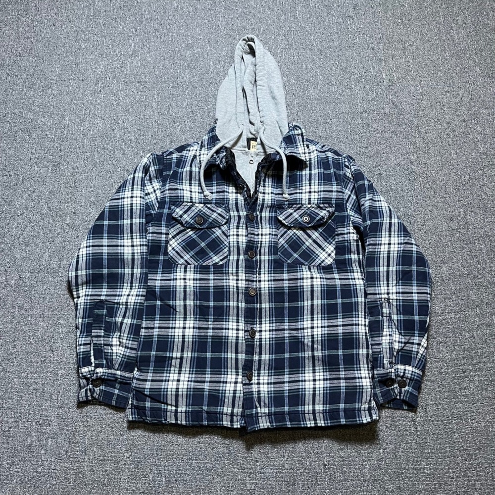 Red Head Brand Co Flannel Jacket Size S Navy Blue Plaid Hooded Quilted Lined